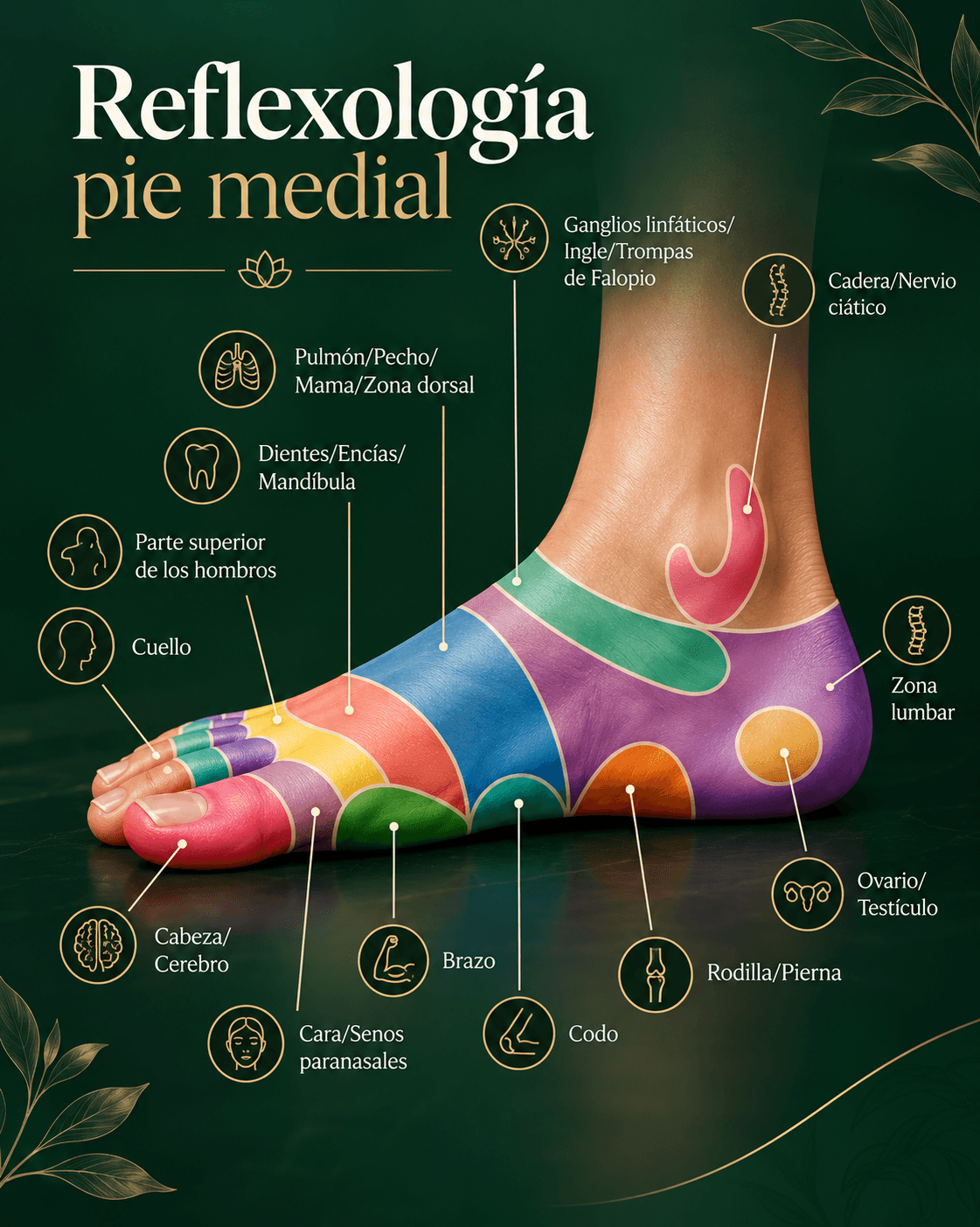 Mapa tradicional de reflexología del pie medial en tonos verde y dorado, con áreas asociadas a distintas partes del cuerpo; no representa correspondencias médicas demostradas.